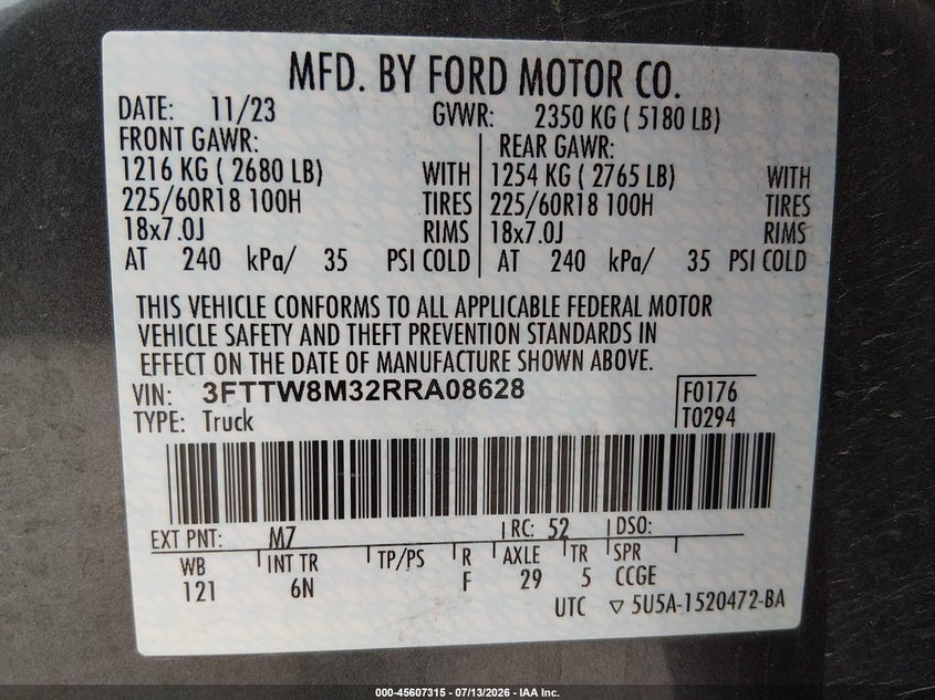 2024 Ford Maverick Lariat VIN: 3FTTW8M32RRA08628 Lot: 45607315