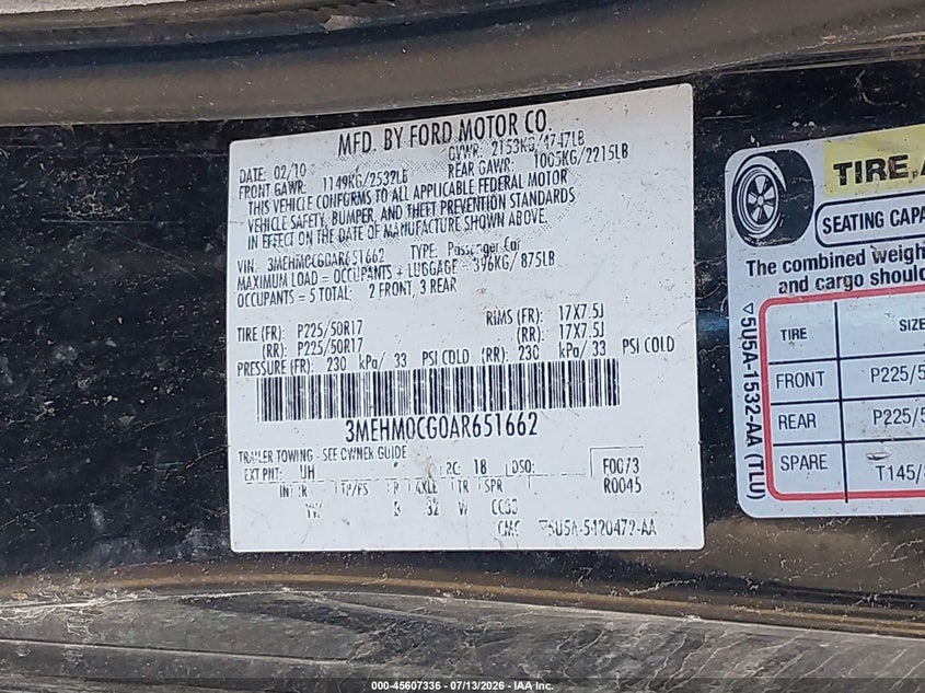 2010 Mercury Milan Premier VIN: 3MEHM0CG0AR651662 Lot: 45607336
