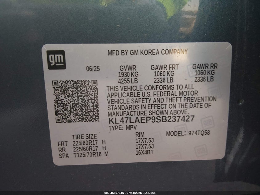 2025 Buick Envista Preferred Fwd VIN: KL47LAEP9SB237427 Lot: 45607346