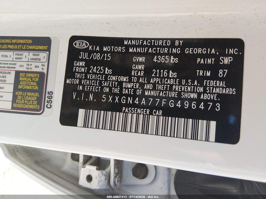 2015 Kia Optima Ex VIN: 5XXGN4A77FG496473 Lot: 45607413