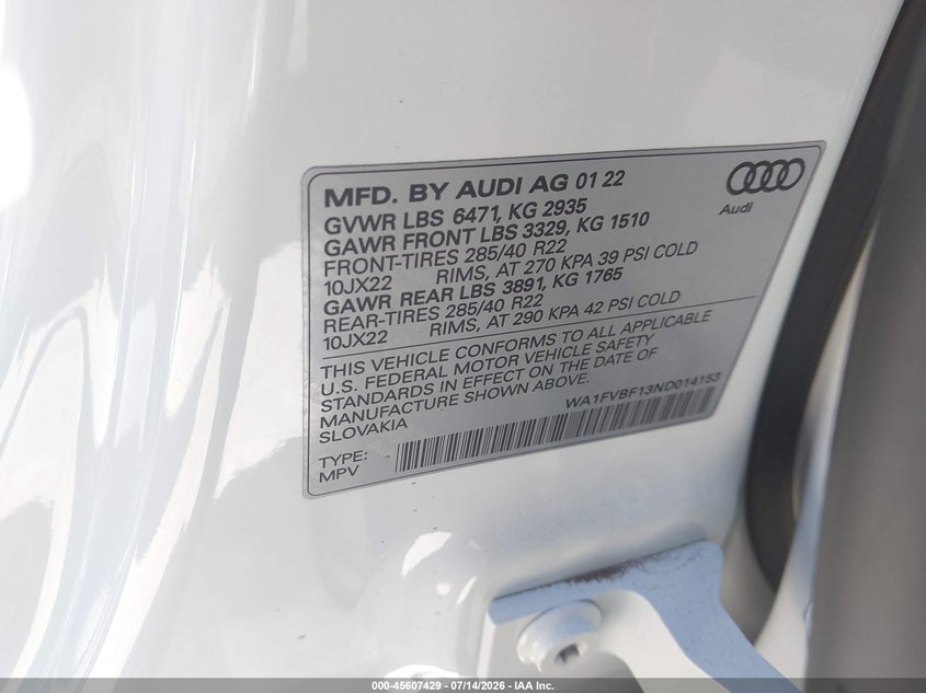 2022 Audi Q8 Prestige 55 Tfsi Quattro Tiptronic VIN: WA1FVBF13ND014153 Lot: 45607429