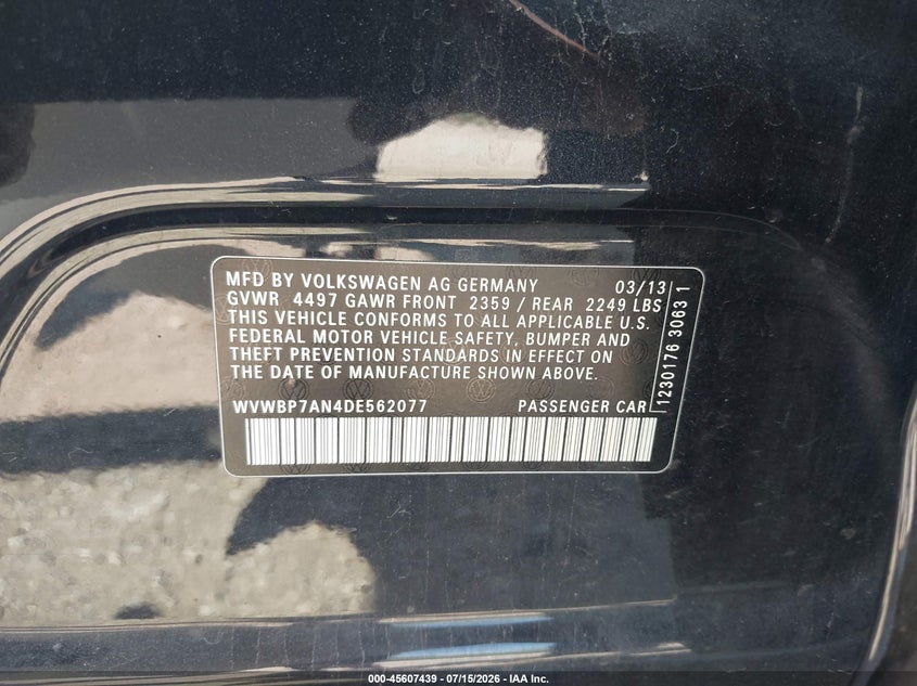 2013 Volkswagen Cc 2.0T R-Line VIN: WVWBP7AN4DE562077 Lot: 45607439