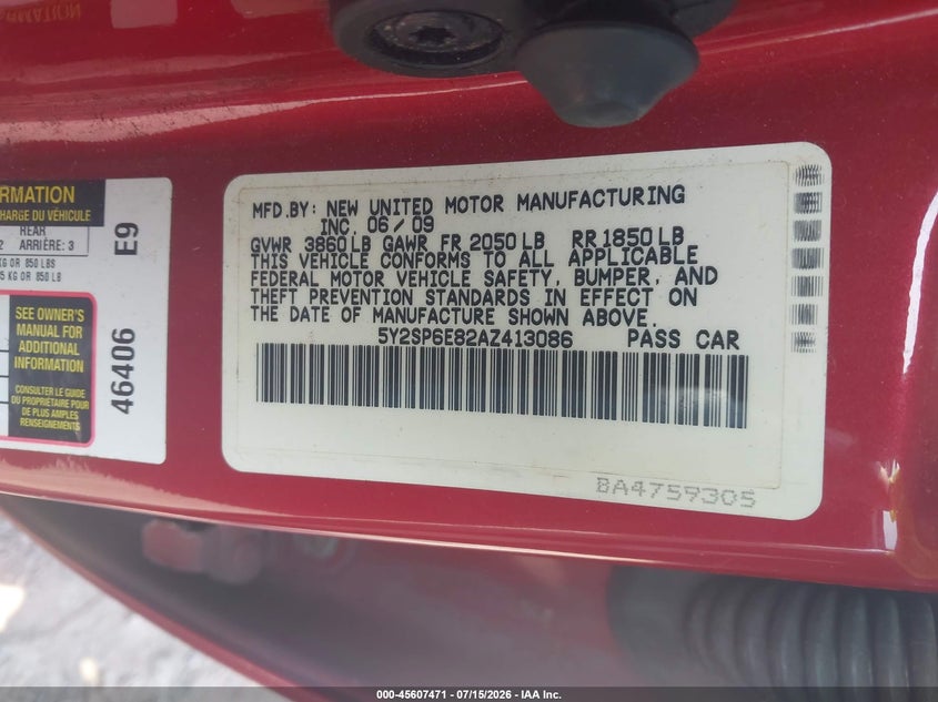 2010 Pontiac Vibe VIN: 5Y2SP6E82AZ413086 Lot: 45607471