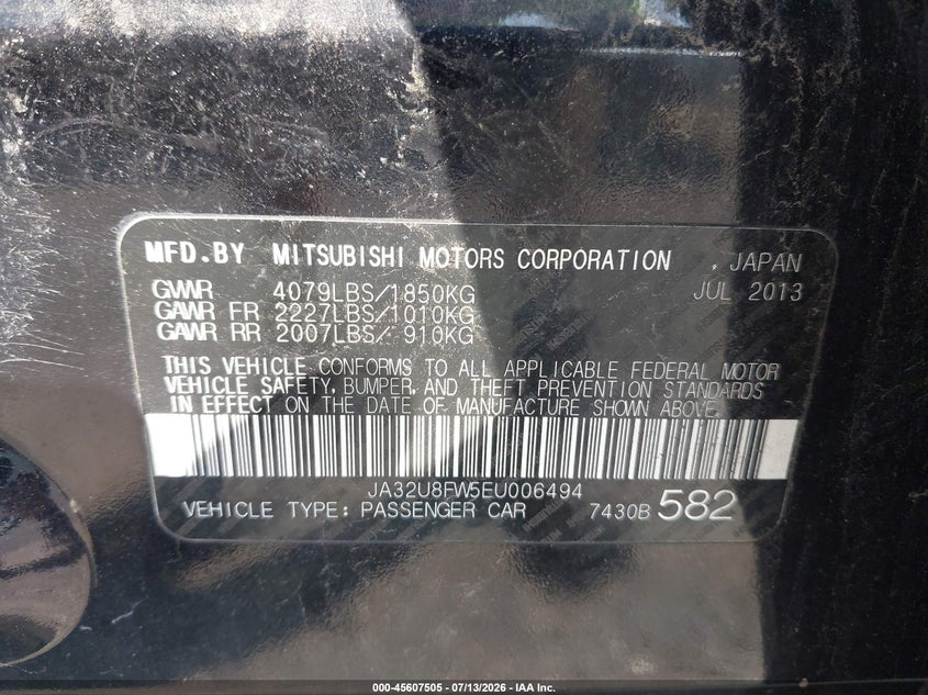 2014 Mitsubishi Lancer Gt VIN: JA32U8FW5EU006494 Lot: 45607505
