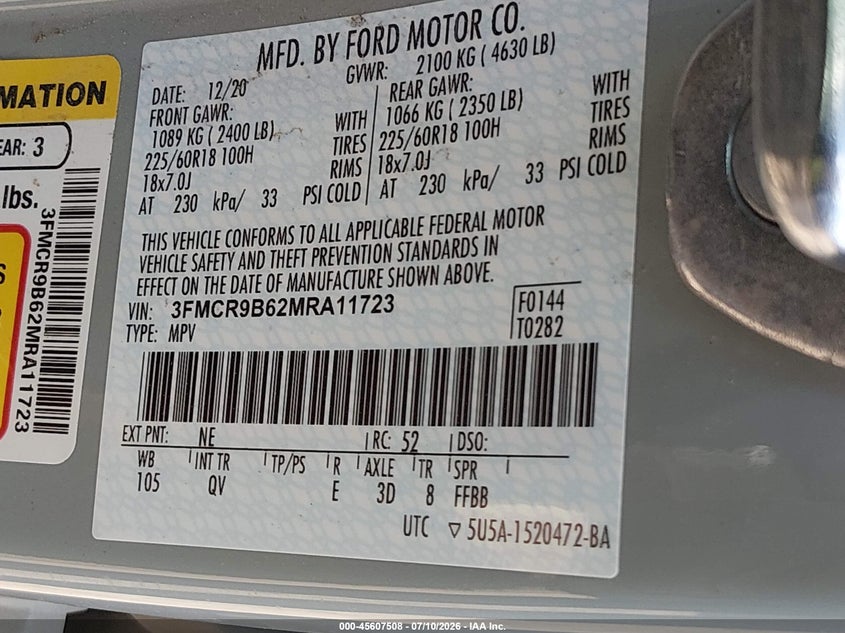 2021 Ford Bronco Sport Big Bend VIN: 3FMCR9B62MRA11723 Lot: 45607508