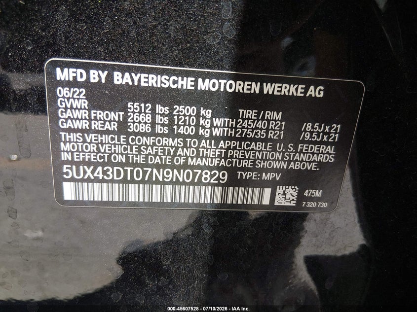2022 BMW X4 M40I VIN: 5UX43DT07N9N07829 Lot: 45607528