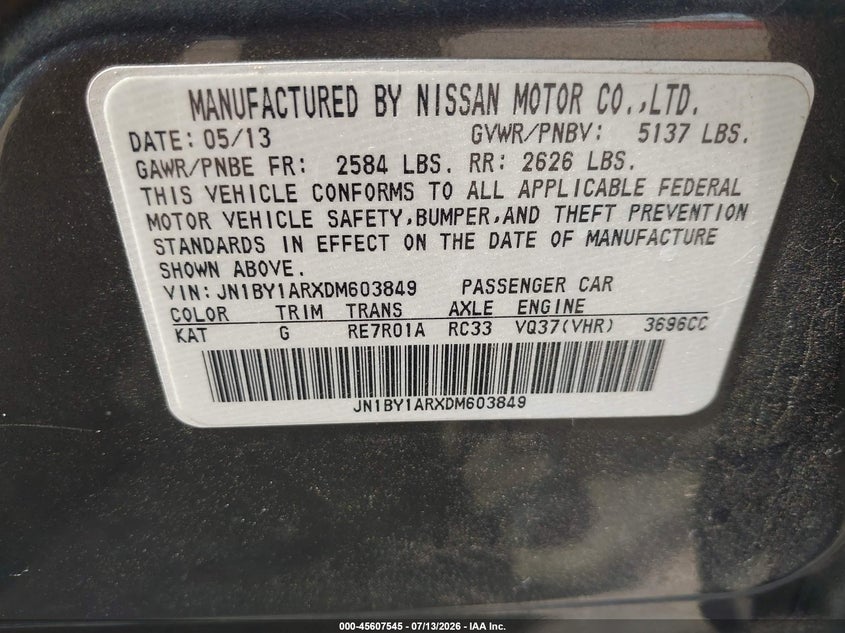 2013 Infiniti M37X VIN: JN1BY1ARXDM603849 Lot: 45607545
