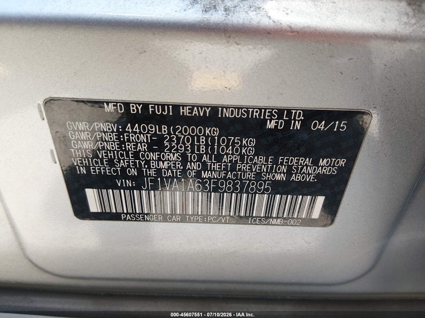 2015 Subaru Wrx VIN: JF1VA1A63F9837895 Lot: 45607551