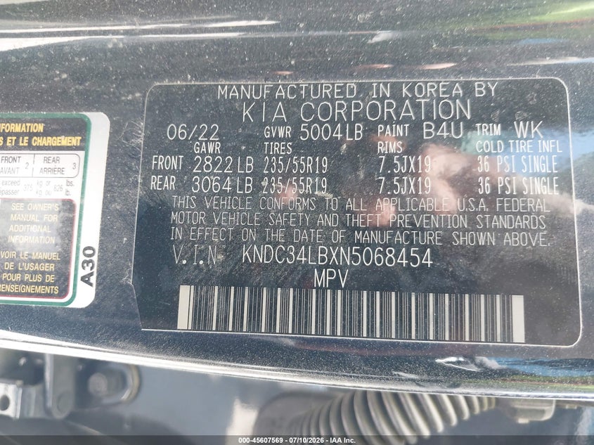 2022 Kia Ev6 Light VIN: KNDC34LBXN5068454 Lot: 45607569