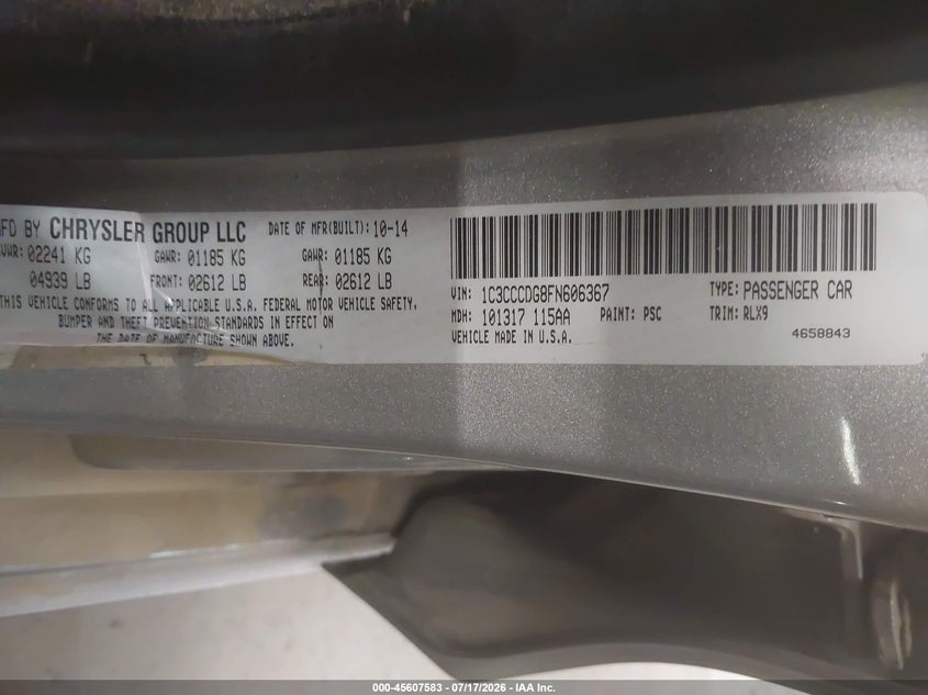 2015 Chrysler 200 S VIN: 1C3CCCDG8FN606367 Lot: 45607583