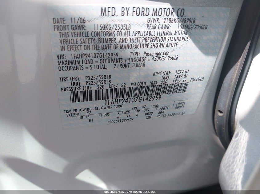 2007 Ford Five Hundred Sel VIN: 1FAHP24137G142959 Lot: 45607585