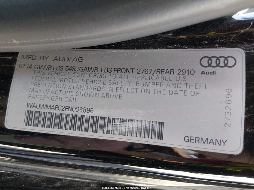 2015 Audi A7 3.0 Tdi Premium Plus VIN: WAUWMAFC2FN006896 Lot: 45607588