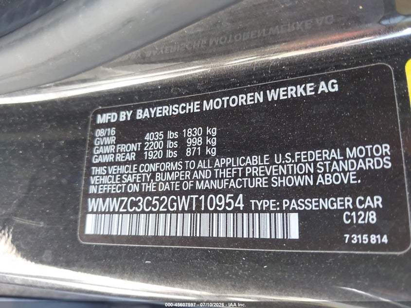 2016 Mini Countryman Cooper S VIN: WMWZC3C52GWT10954 Lot: 45607597