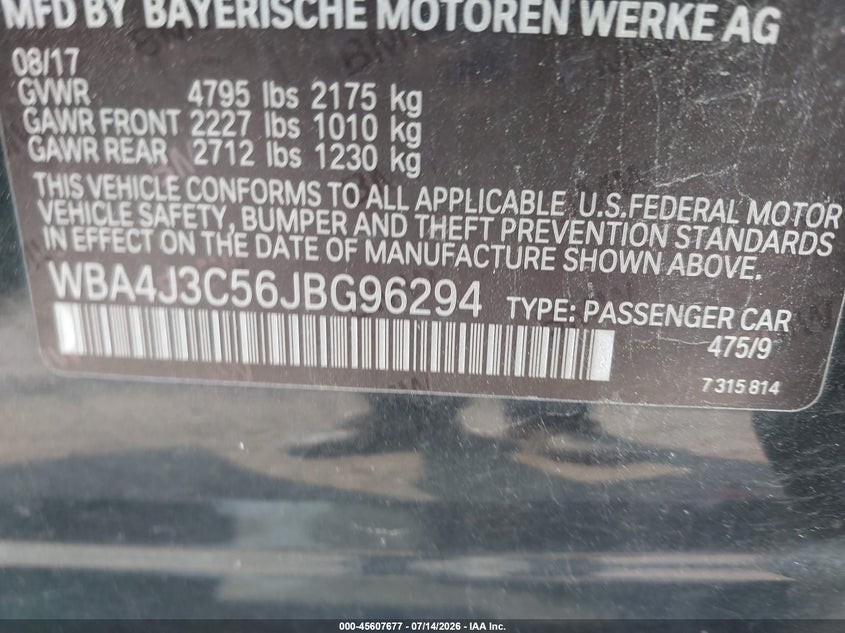 2018 BMW 430I Gran Coupe xDrive VIN: WBA4J3C56JBG96294 Lot: 45607677