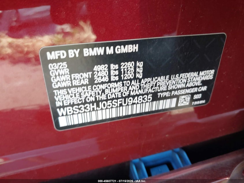 2025 BMW M3 Competition xDrive VIN: WBS33HJ05SFU94835 Lot: 45607721