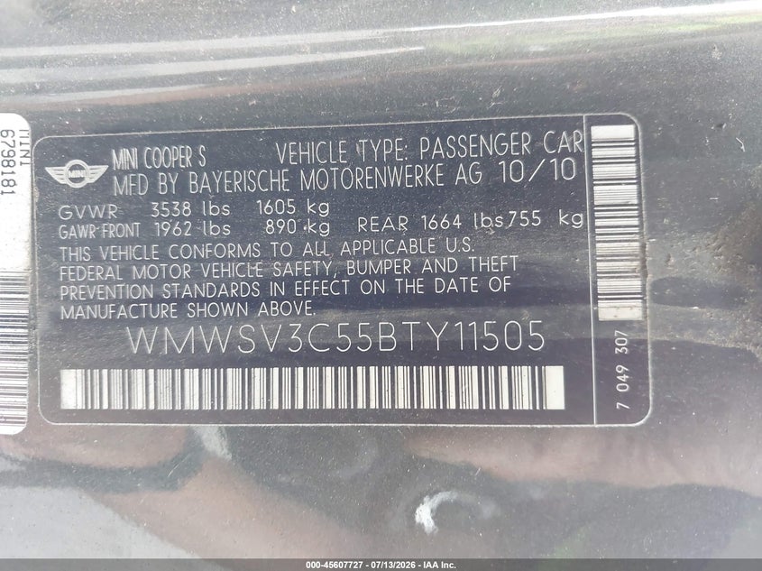 2011 Mini Cooper S VIN: WMWSV3C55BTY11505 Lot: 45607727