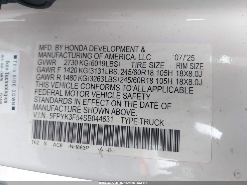 2025 Honda Ridgeline Rtl VIN: 5FPYK3F54SB044631 Lot: 45607768
