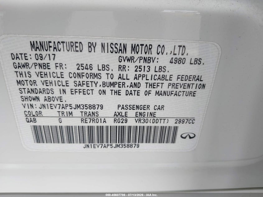 INFINITI Q50 2018 VIN JN1EV7AP5JM358879