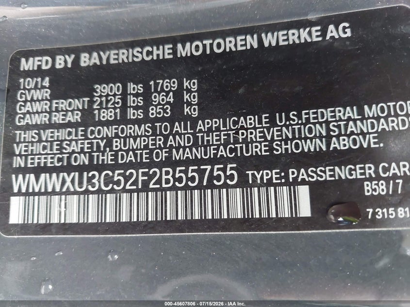 2015 Mini Hardtop Cooper S VIN: WMWXU3C52F2B55755 Lot: 45607806