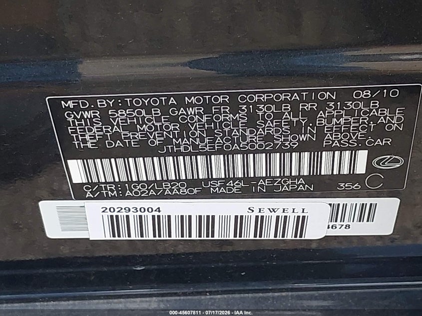 2010 Lexus Ls 460 L VIN: JTHDL5EF0A5002739 Lot: 45607811