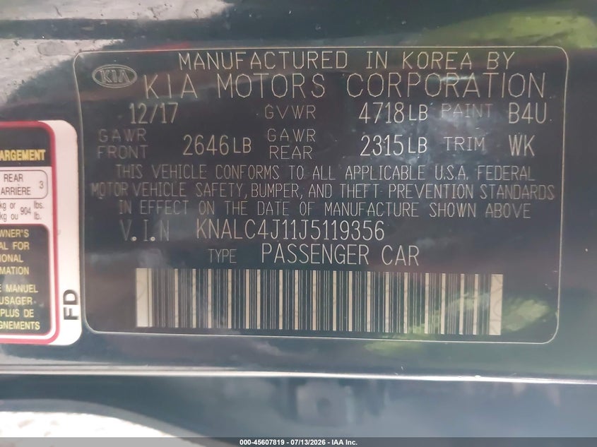 2018 Kia Cadenza Premium VIN: KNALC4J11J5119356 Lot: 45607819