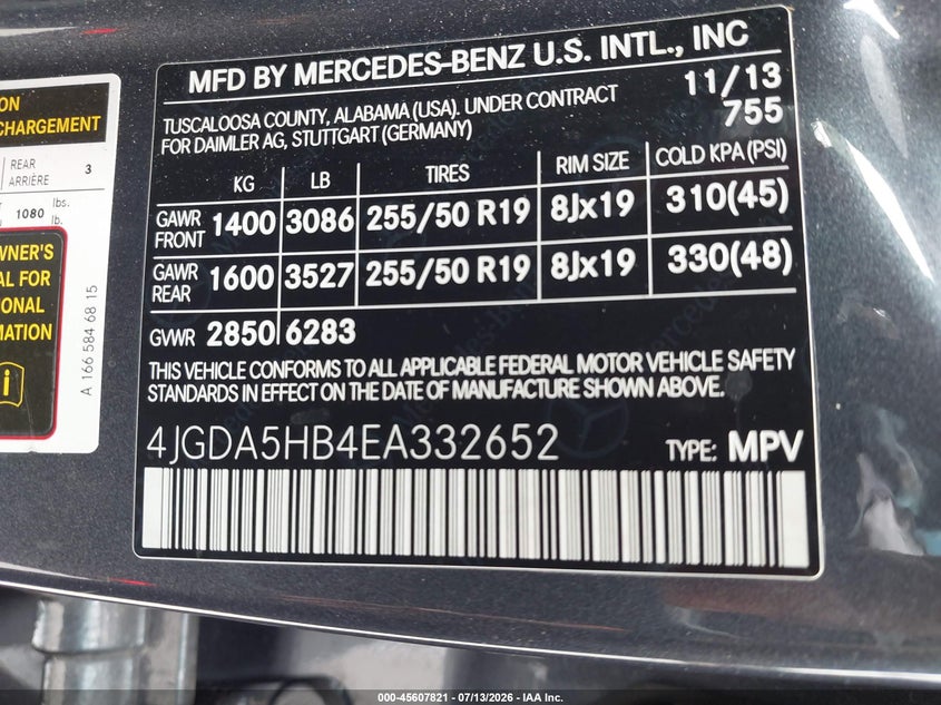 2014 Mercedes-Benz Ml 350 4Matic VIN: 4JGDA5HB4EA332652 Lot: 45607821