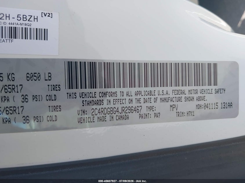 2018 Dodge Grand Caravan Se VIN: 2C4RDGBG4JR296467 Lot: 45607927