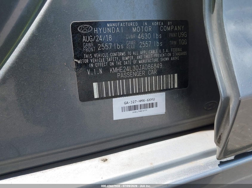 2018 Hyundai Sonata Hybrid Se VIN: KMHE24L30JA086849 Lot: 45607938