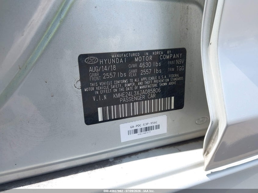 2018 Hyundai Sonata Hybrid Se VIN: KMHE24L3XJA085806 Lot: 45607962