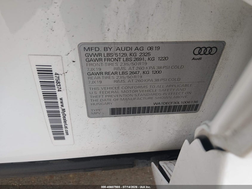 2020 Audi Q3 Premium 45 Tfsi S Line Quattro Tiptronic VIN: WA1DECF30L1006136 Lot: 45607985