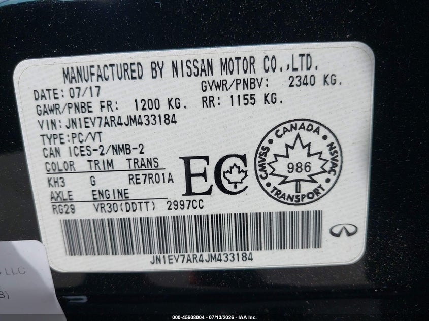 2018 Infiniti Q50 3.0T Luxe/3.0T Sport VIN: JN1EV7AR4JM433184 Lot: 45608004