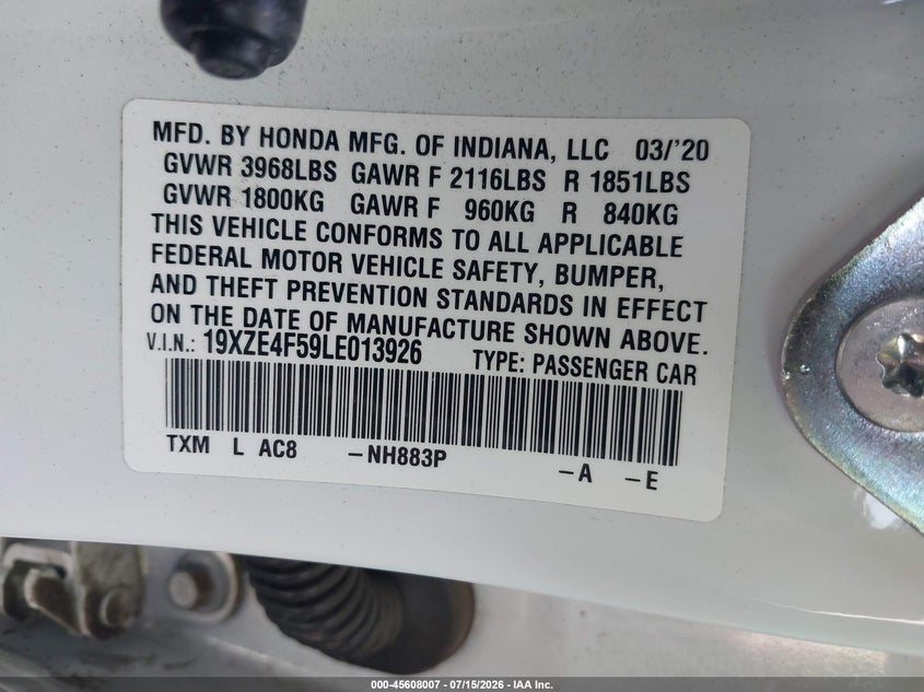 2020 Honda Insight Ex VIN: 19XZE4F59LE013926 Lot: 45608007