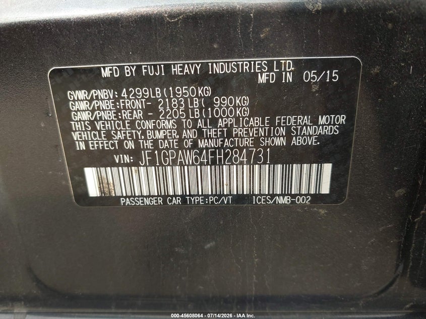 2015 Subaru Impreza 2.0I Sport Limited VIN: JF1GPAW64FH284731 Lot: 45608064