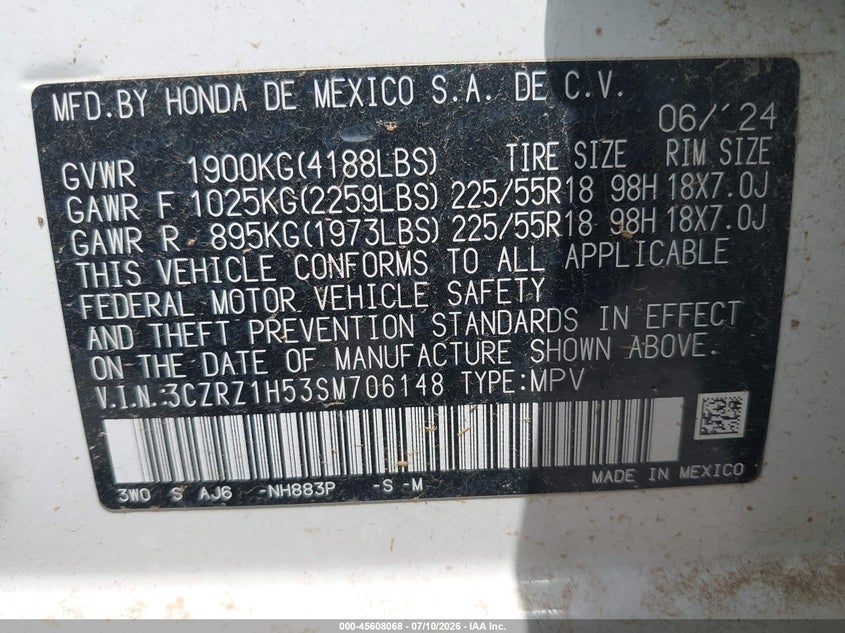 2025 Honda Hr-V 2Wd Sport VIN: 3CZRZ1H53SM706148 Lot: 45608068