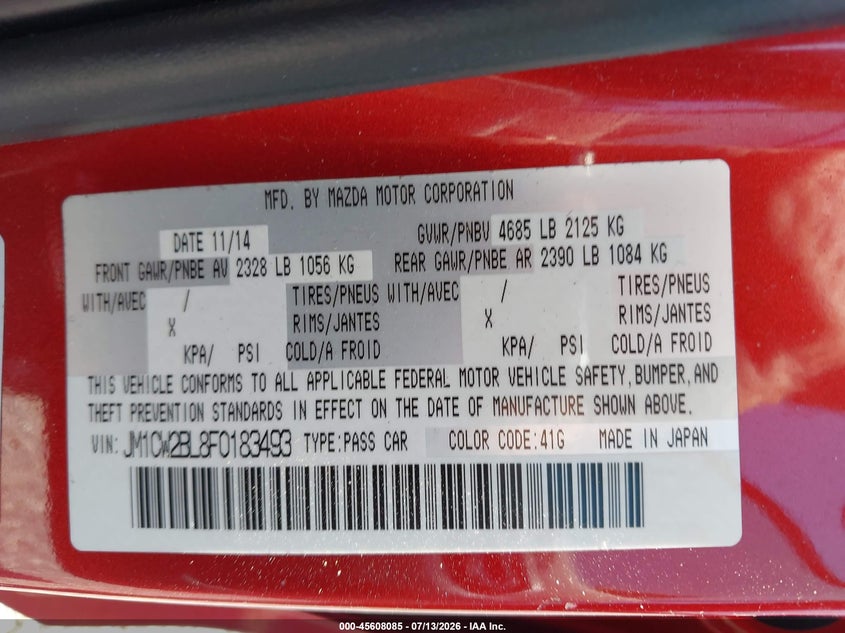 2015 Mazda Mazda5 Sport VIN: JM1CW2BL8F0183493 Lot: 45608085