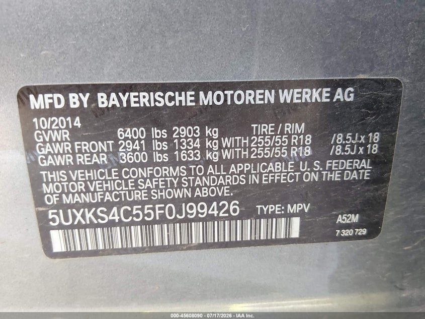 2015 BMW X5 xDrive35D VIN: 5UXKS4C55F0J99426 Lot: 45608090