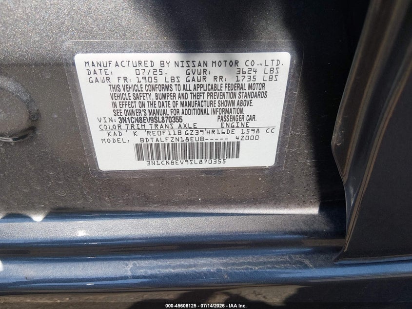 2025 Nissan Versa 1.6 Sv VIN: 3N1CN8EV9SL870355 Lot: 45608125