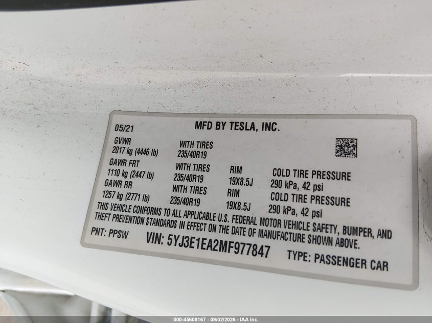 TESLA MODEL 3 2021 VIN 5YJ3E1EA2MF977847