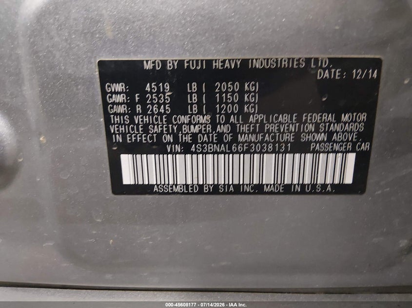 2015 Subaru Legacy 2.5I Limited VIN: 4S3BNAL66F3038131 Lot: 45608177