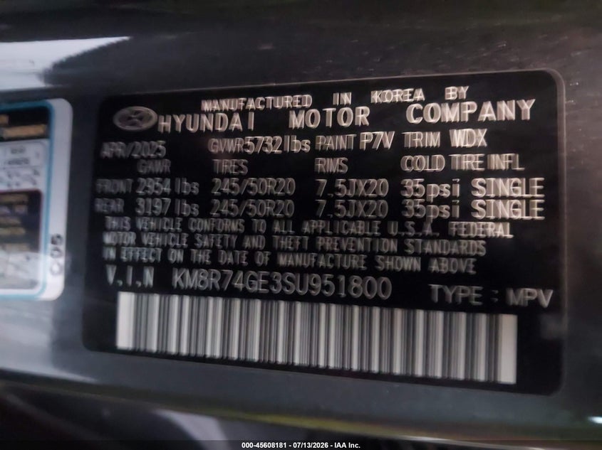 2025 Hyundai Palisade Calligraphy VIN: KM8R74GE3SU951800 Lot: 45608181