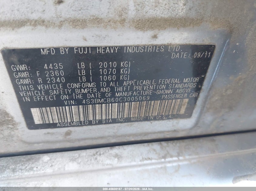 2012 Subaru Legacy 2.5I Premium VIN: 4S3BMCB60C3005069 Lot: 45608187