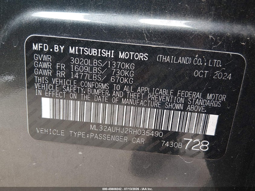 2024 Mitsubishi Mirage Es/Le VIN: ML32AUHJ2RH035490 Lot: 45608242
