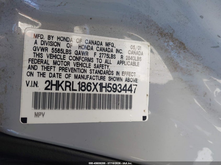 2001 Honda Odyssey Ex VIN: 2HKRL186X1H593447 Lot: 45608289