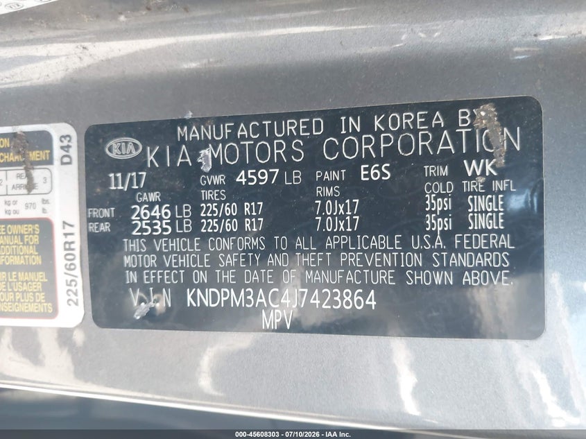 2018 Kia Sportage Lx VIN: KNDPM3AC4J7423864 Lot: 45608303