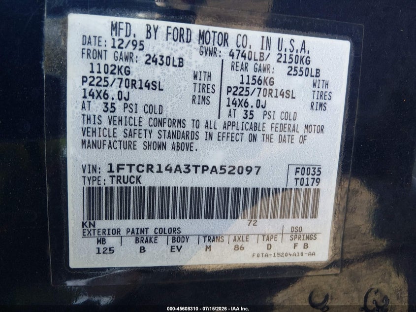 1996 FORD RANGER COUPE 2.3L I4 FI OHV F