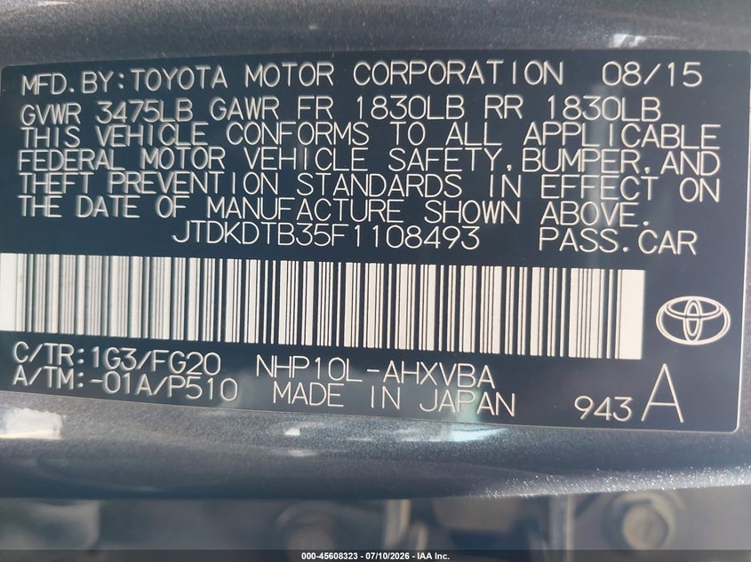 2015 Toyota Prius C Two VIN: JTDKDTB35F1108493 Lot: 45608323
