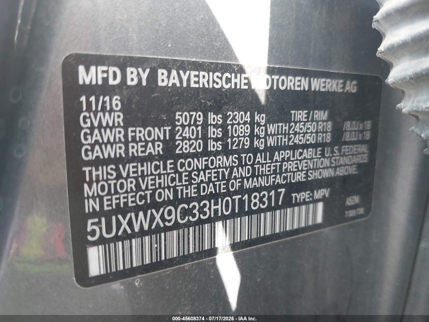 2017 BMW X3 xDrive28I VIN: 5UXWX9C33H0T18317 Lot: 45608374