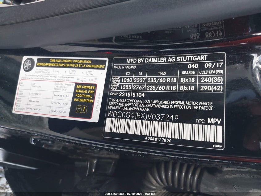 2018 Mercedes-Benz Glc 300 VIN: WDC0G4JBXJV037249 Lot: 45608385