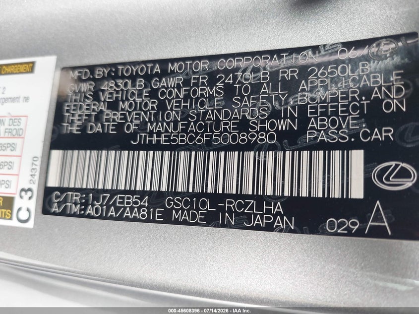 2015 Lexus Rc 350 VIN: JTHHE5BC6F5008980 Lot: 45608396
