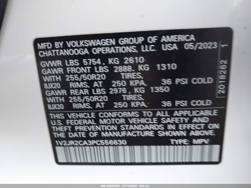 2023 Volkswagen Atlas 3.6L V6 Se W/Technology VIN: 1V2JR2CA3PC556630 Lot: 45608399